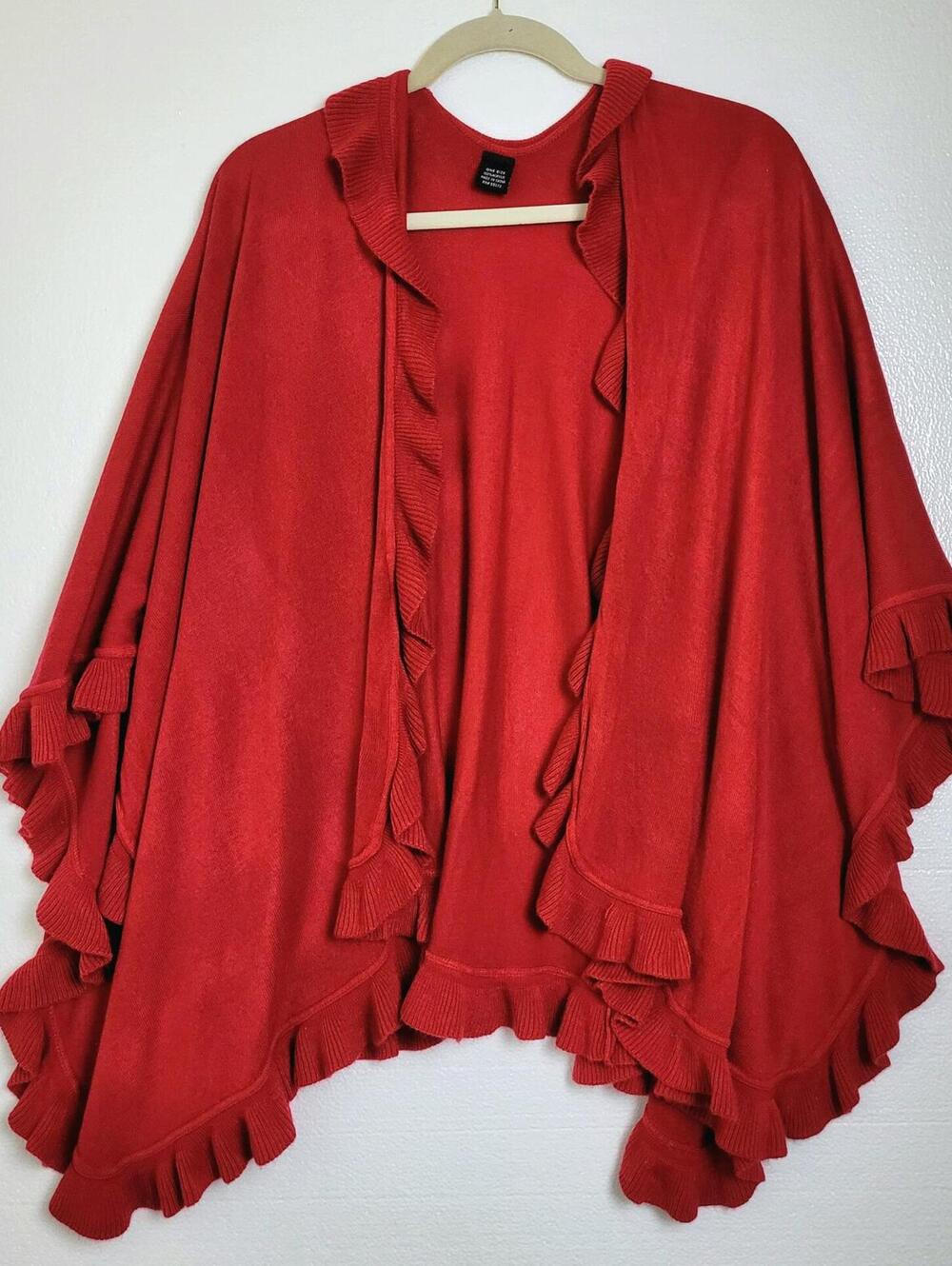 Red Knit Shawl Wrap with Ruffle